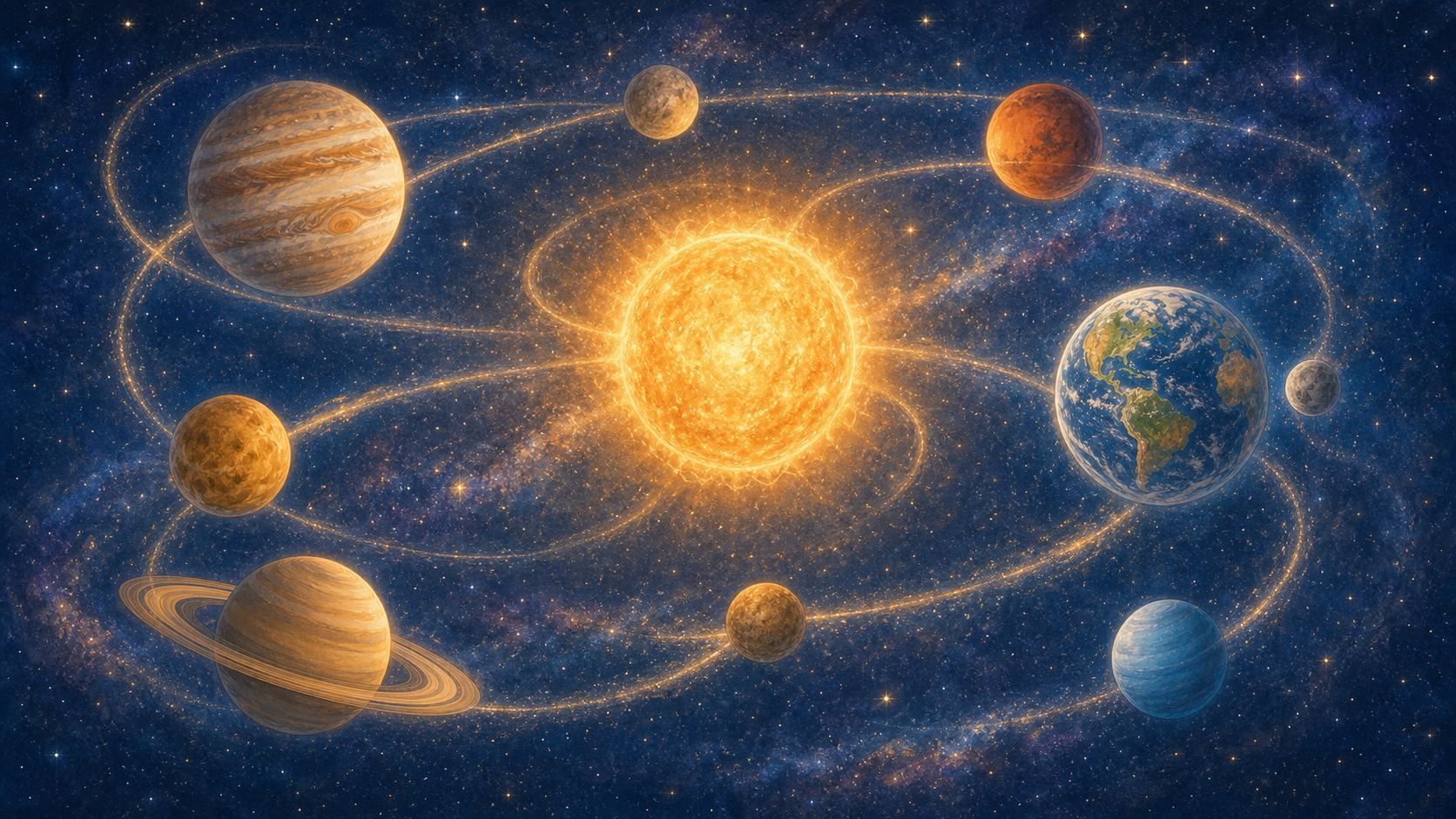 Die Sonne leuchtet in der Mitte, während Erde und Mond, Mars, Venus, Jupiter, Saturn und weitere Planeten durch sanfte Lichtbahnen verbunden sind.