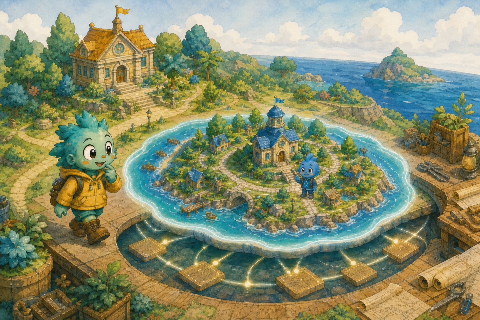 Auf Okis großer Insel steht eine kleinere Insel mit eigener Grenze, eigenem Rathaus und der blauen Gestalt Mio.